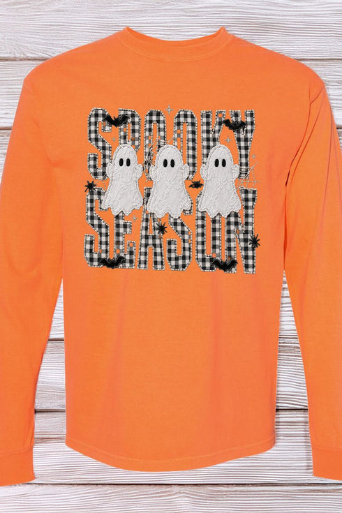Spooky Season Gingham & Ghosts Comfort Colors Heavyweight Long T-Shirt