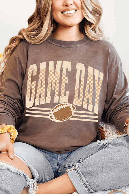 Checkered Taupe Game Day Comfort Colors Heavyweight Long T-Shirt