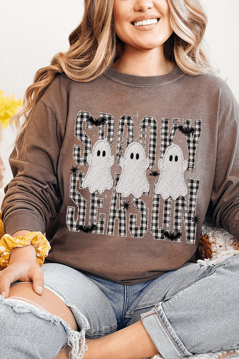 Spooky Season Gingham & Ghosts Comfort Colors Heavyweight Long T-Shirt