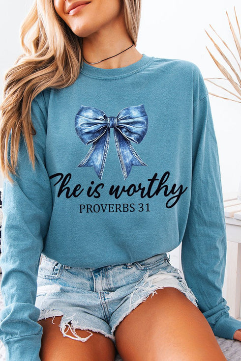 Blue Bow Worthy Comfort Colors Heavyweight Long T-Shirt