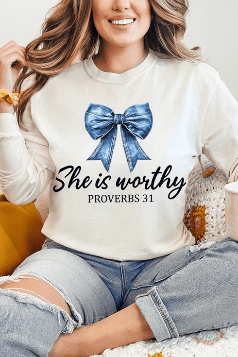 Blue Bow Worthy Comfort Colors Heavyweight Long T-Shirt