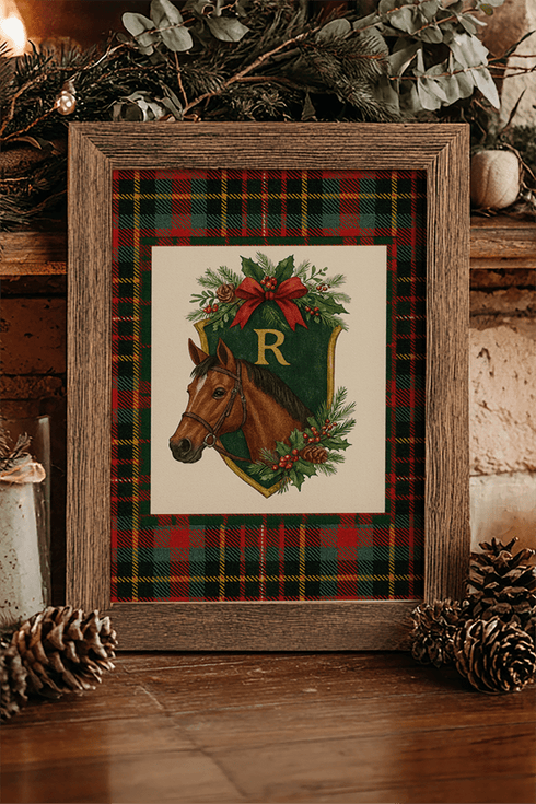 Equestrian Holiday Monogram Crest Ready To Frame Print *Customize Your Initial