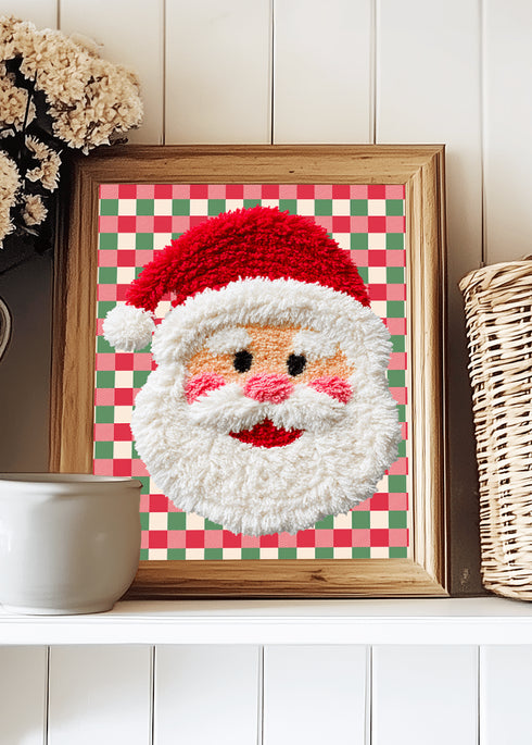 Checkered Cheer Faux Yarn Santa Ready To Frame Canvas Print