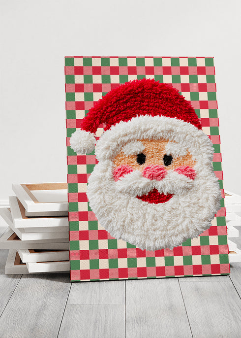 Checkered Cheer Faux Yarn Santa Stretched Canvas Print