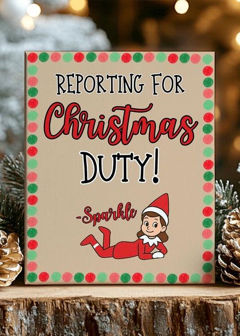 Personalized Polka-Dot Elf Report Stretched Canvas Print *Customize with Elf Name
