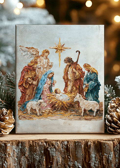 The Painted Timeless Nativity Stretched Canvas Print