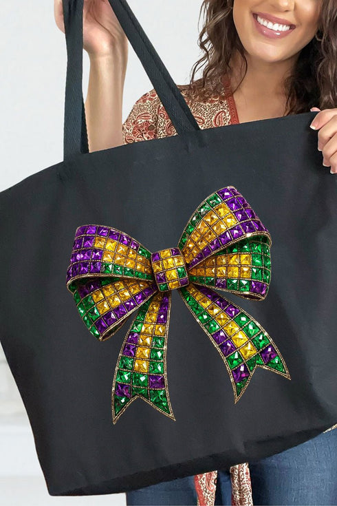 Faux Rhinestone Mardi Gras Bow Canvas Jumbo Tote