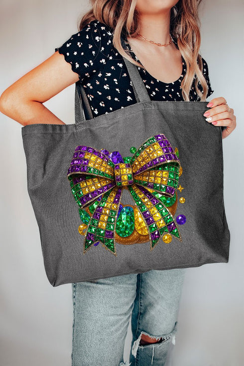 Faux Rhinestone Mardi Gras Bow Canvas Jumbo Tote
