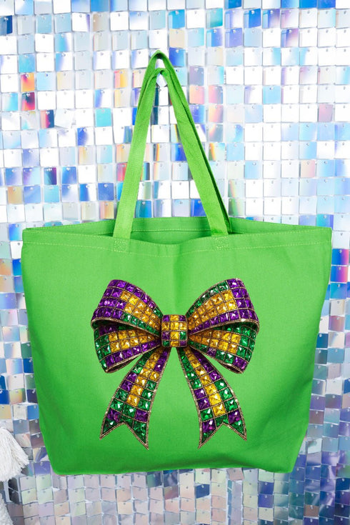Faux Rhinestone Mardi Gras Bow Canvas Jumbo Tote