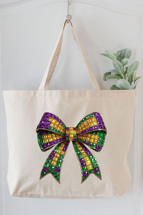 Faux Rhinestone Mardi Gras Bow Canvas Jumbo Tote