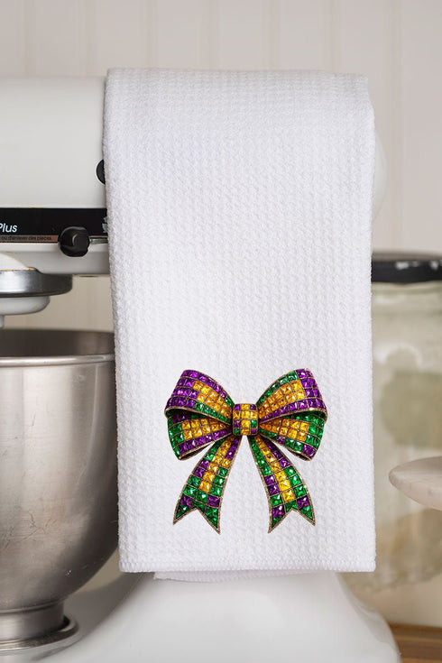 Faux Rhinestone Mardi Gras Bow Waffle Kitchen Towel