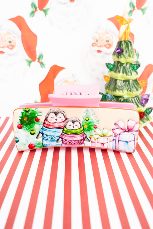 Holiday Penguins Embossed Pink Hair Claw