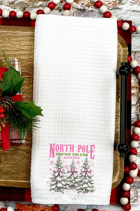 Pink North Pole Christmas Tree Farm Waffle Kitchen Towel