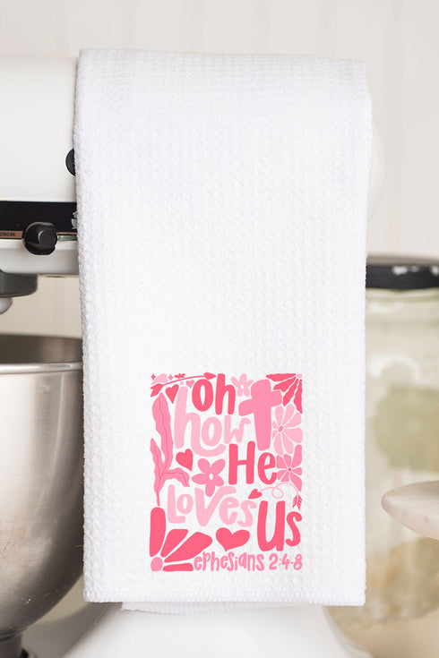 Boho Cross How He Loves Us Waffle Kitchen Towel