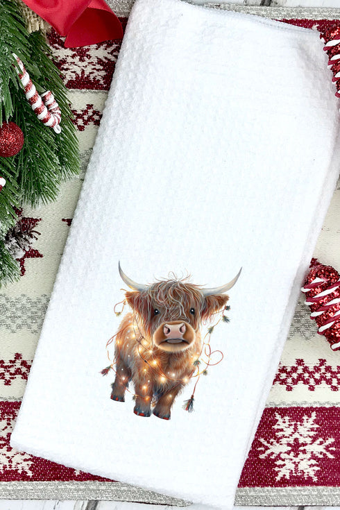 Caught In Lights Highland Cow Waffle Kitchen Towel