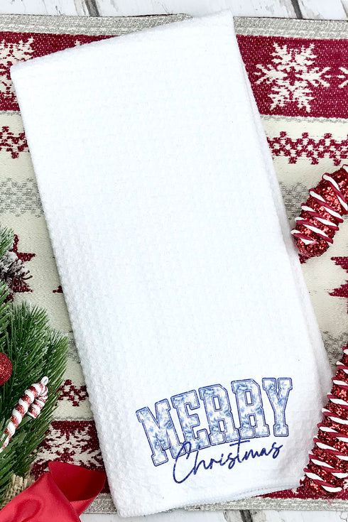 Chinoiserie Blue Merry Christmas Waffle Kitchen Towel
