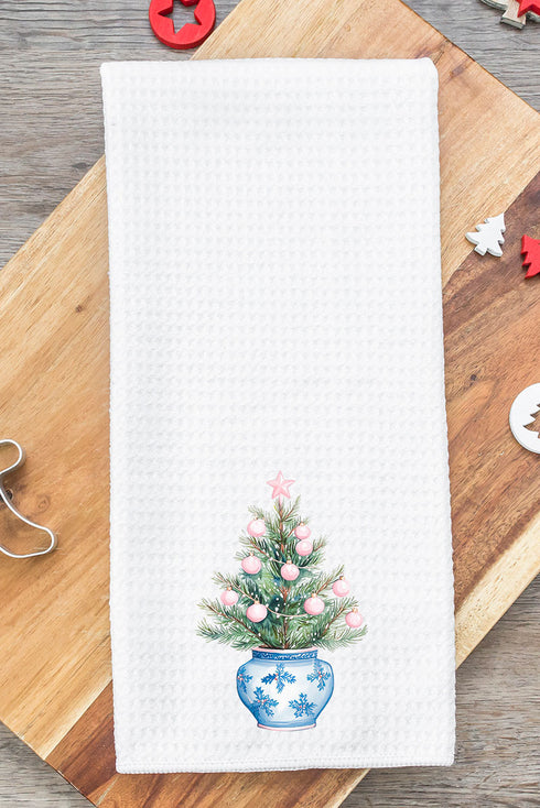 Chinoiserie Pink Ornament Tree Waffle Kitchen Towel