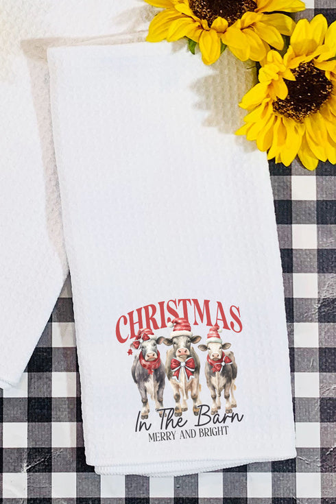 Christmas In The Barn Cows Waffle Kitchen Towel
