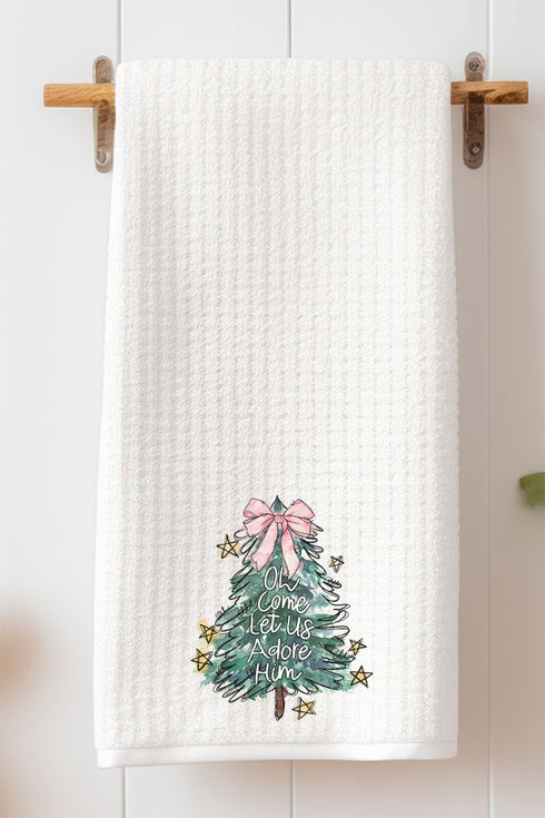Christmas Tree Let Us Adore Him Waffle Kitchen Towel