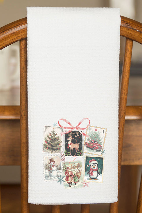 Christmas Vintage Stamps Waffle Kitchen Towel