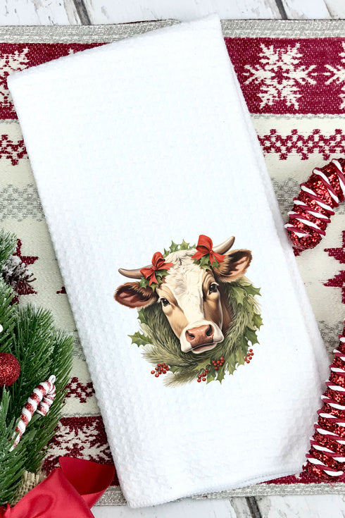 Cow Christmas On the Farm Waffle Kitchen Towel