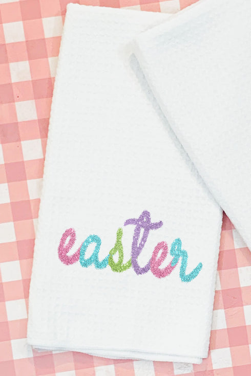 Easter Faux Tinsel Transfer Waffle Kitchen Towel
