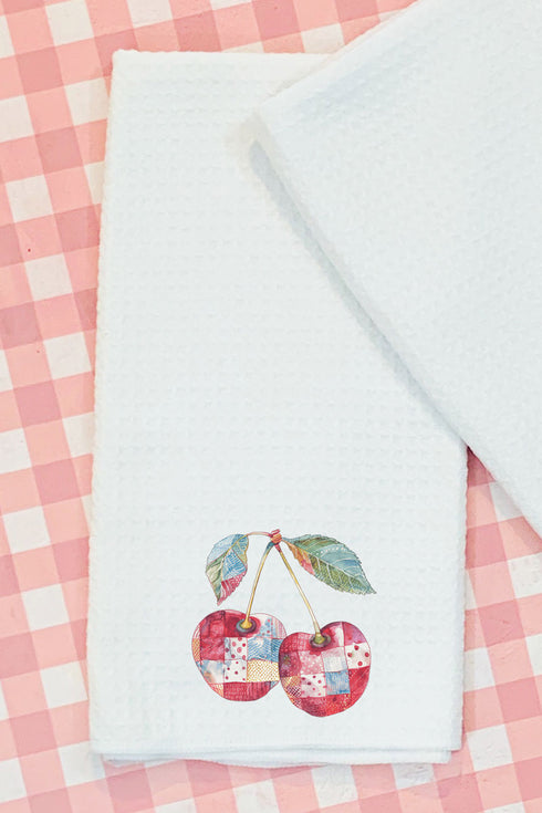Faux Patchwork Cherries Waffle Kitchen Towel