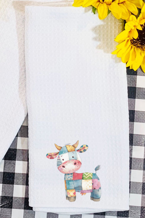 Faux Patchwork Cow Waffle Kitchen Towel