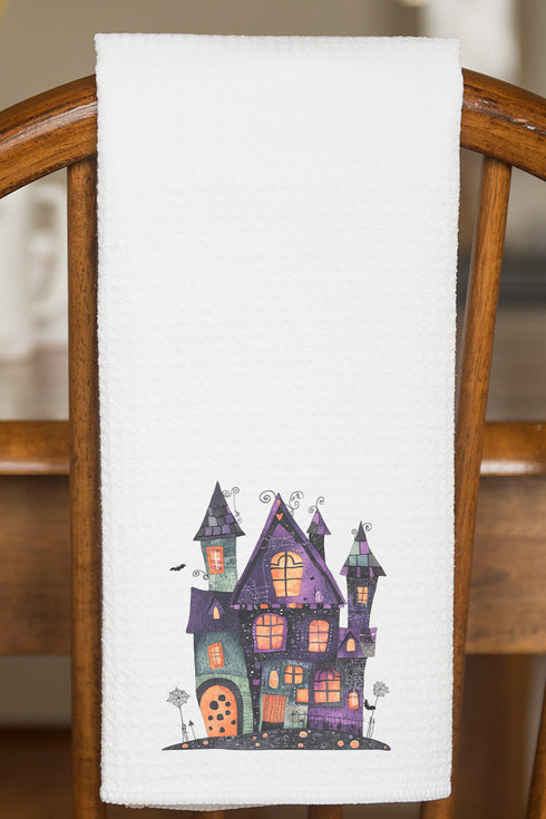 Faux Patchwork Haunted House Waffle Kitchen Towel