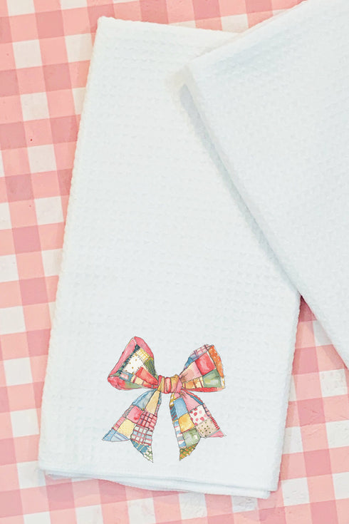Faux Patchwork Quilt Stripe Bow Waffle Kitchen Towel