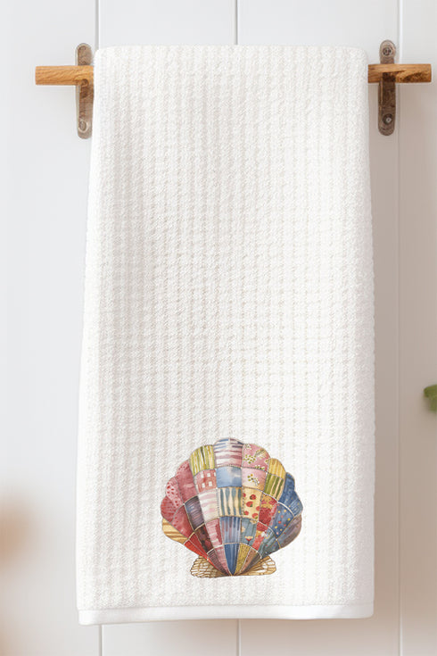 Faux Patchwork Seashell Waffle Kitchen Towel