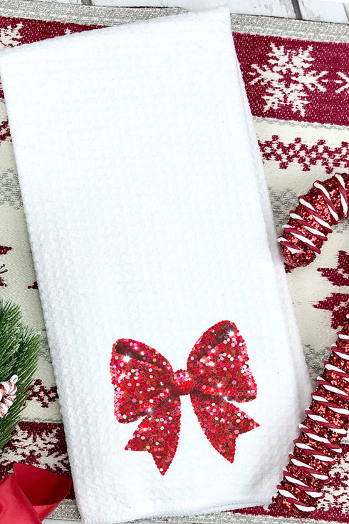 Faux Sequin Red Coquette Bow Waffle Kitchen Towel