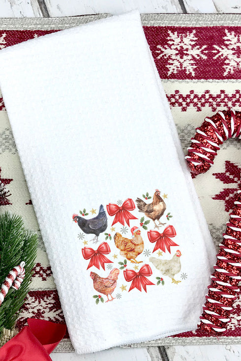 Festive Chickens And Coquette Bows Waffle Kitchen Towel