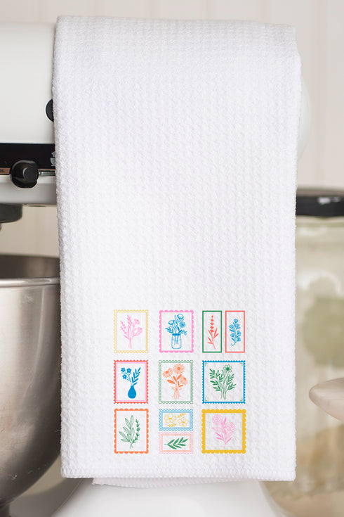 Whimsical Floral Stamps Waffle Kitchen Towel