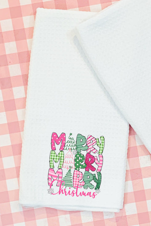 Green And Pink Merry Christmas Waffle Kitchen Towel