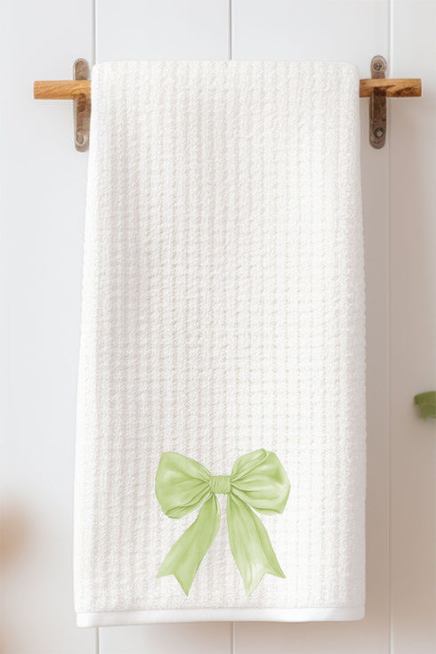 Green Watercolor Bow Waffle Kitchen Towel
