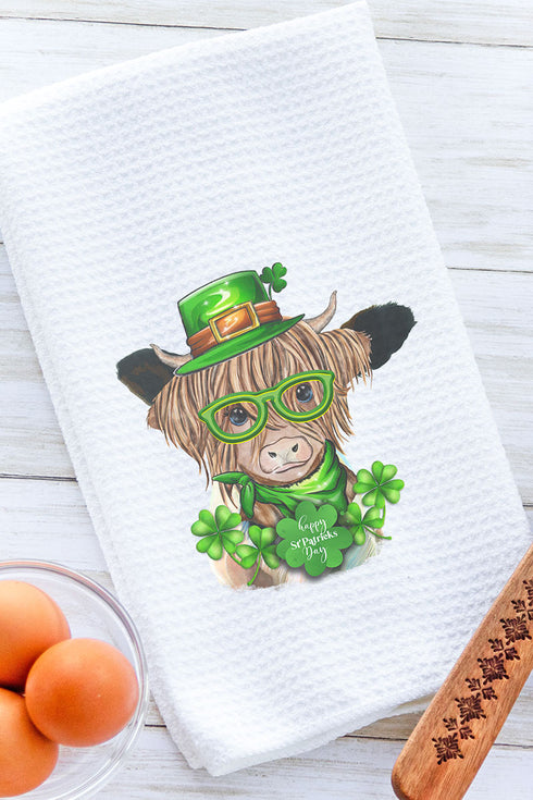 Happy St. Patrick's Day Highland Cow Waffle Kitchen Towel