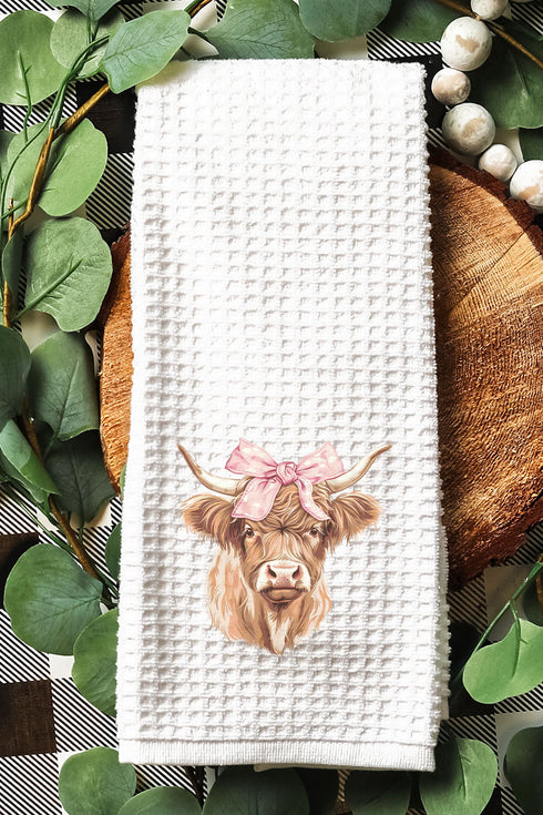 Highland Cow Bow Waffle Kitchen Towel