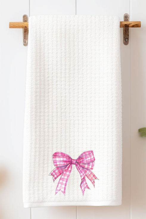 Hot Pink Gingham Bow Waffle Kitchen Towel