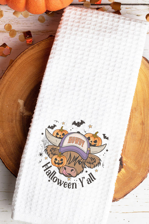 Howdy Halloween Highland Cow Waffle Kitchen Towel