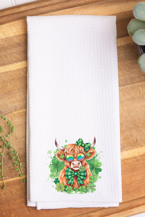 Lucky Clover Highland Cow Waffle Kitchen Towel