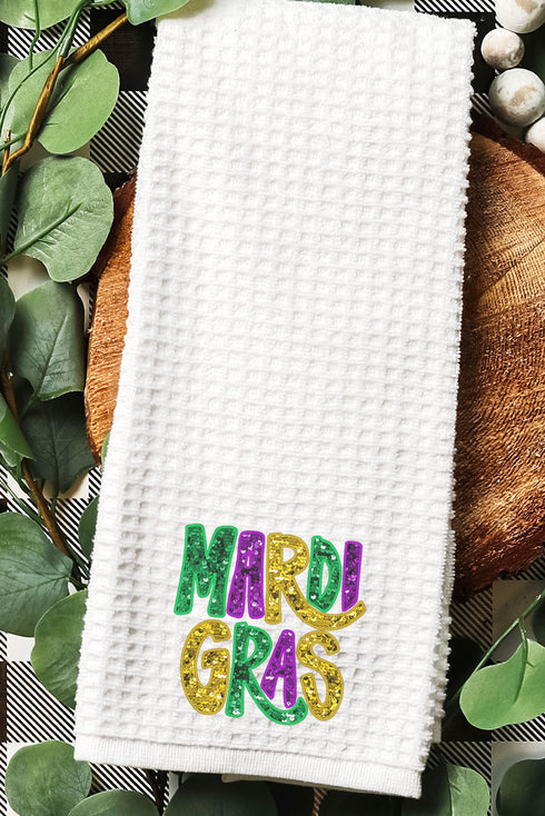 Mardi Gras Doodle Faux Glitter Waffle Kitchen Towel
