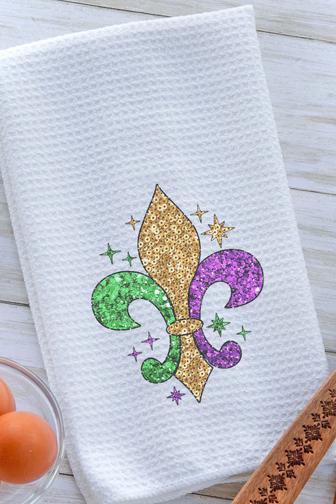 Mardi Gras Fleur De Lis Faux Sequin Transfer Waffle Kitchen Towel