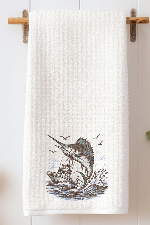 Marlin Waves Waffle Kitchen Towel