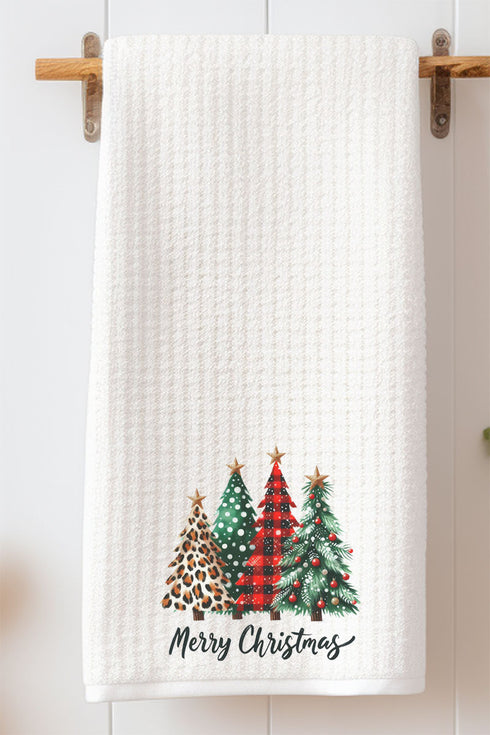Mixed Print Trees Merry Christmas Waffle Kitchen Towel