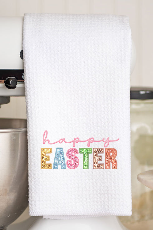 Pastel Faux Embroidery Happy Easter Transfer Waffle Kitchen Towel