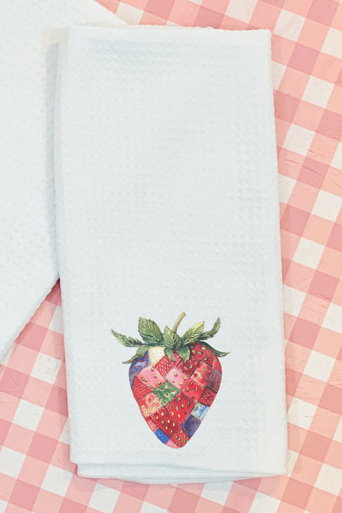 Faux Patchwork Strawberry Waffle Kitchen Towel