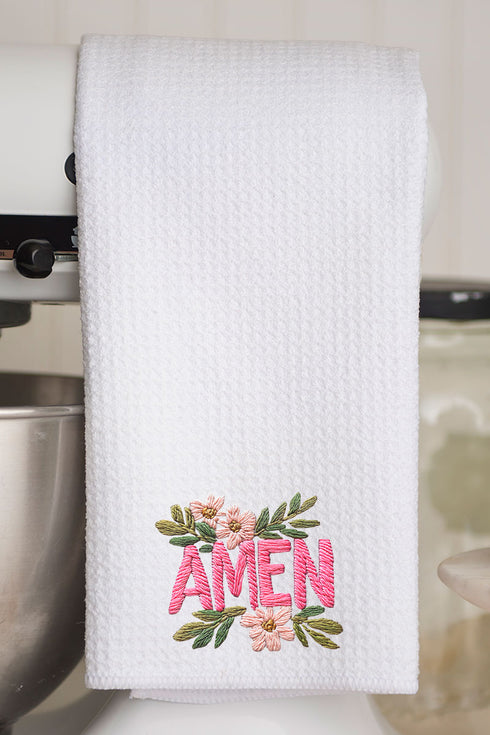 Pink Amen Faux Embroidery Waffle Kitchen Towel