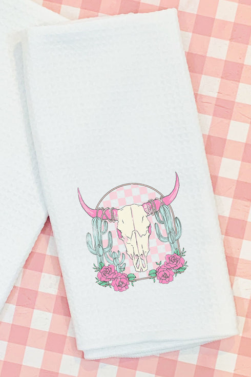 Pink Checkered Steer Waffle Kitchen Towel