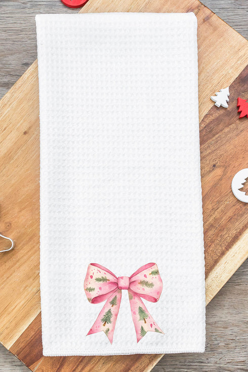 Pink Christmas Tree Bow Waffle Kitchen Towel